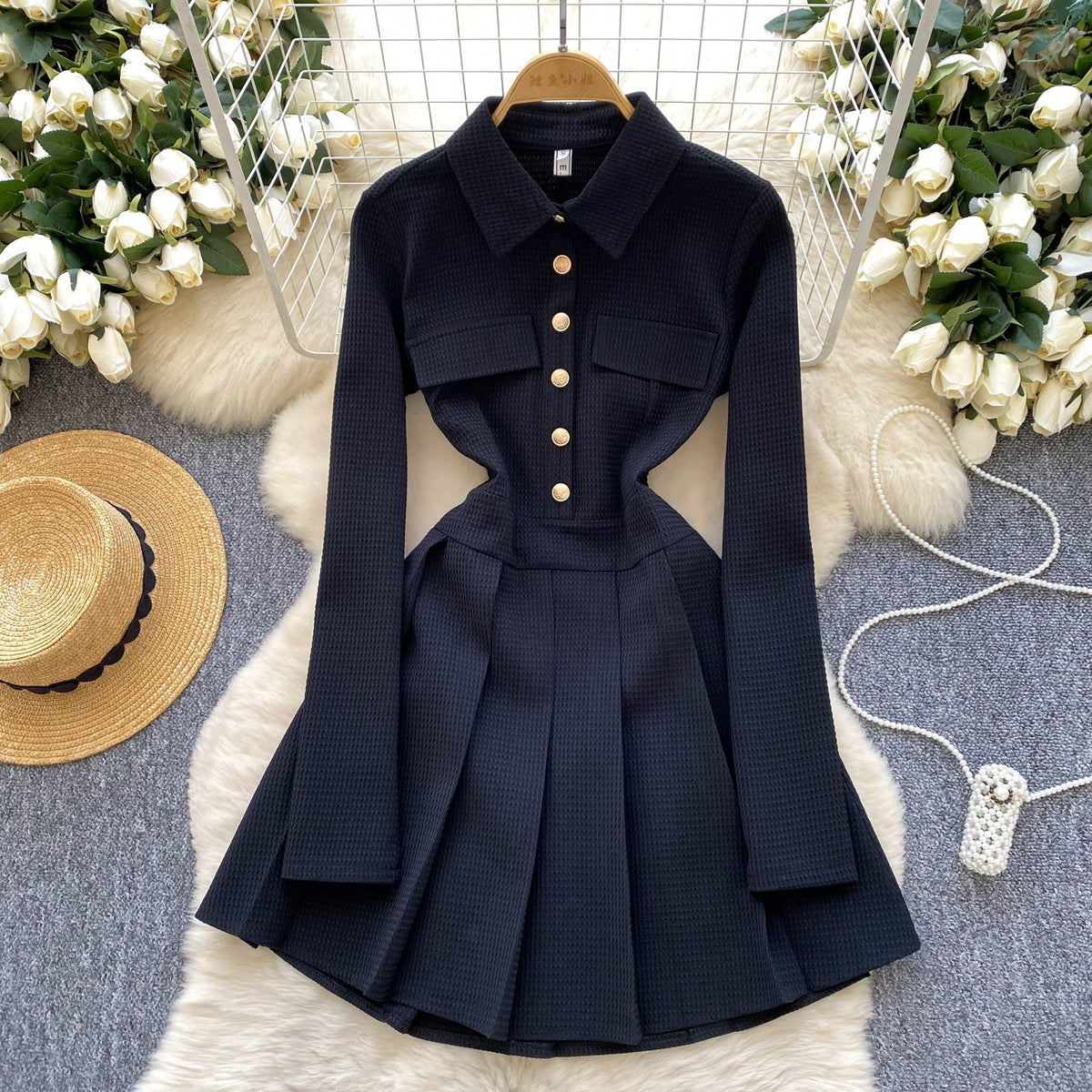 Vintage Lapeled Pleated Shirt Dress