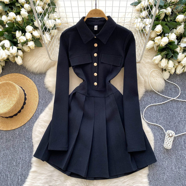 Vintage Lapeled Pleated Shirt Dress