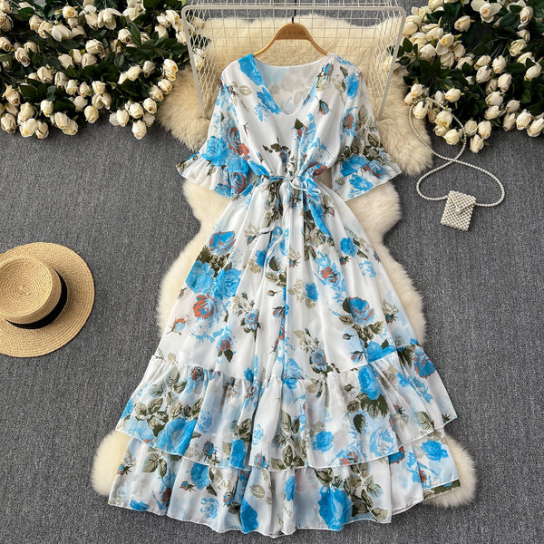 Vintage Lace-up Pleated Floral Dress