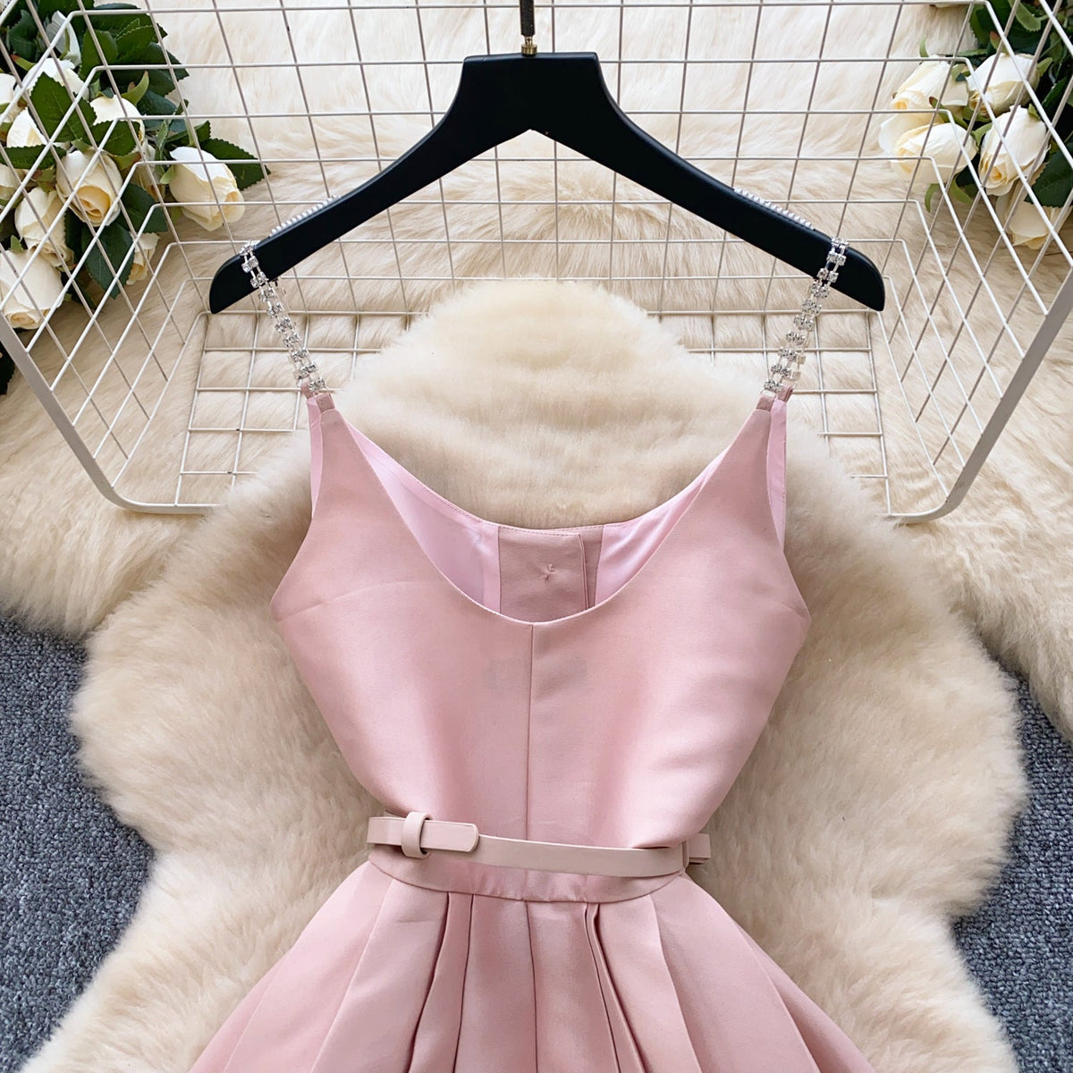 High-end Pleated Slip Dress with Belt