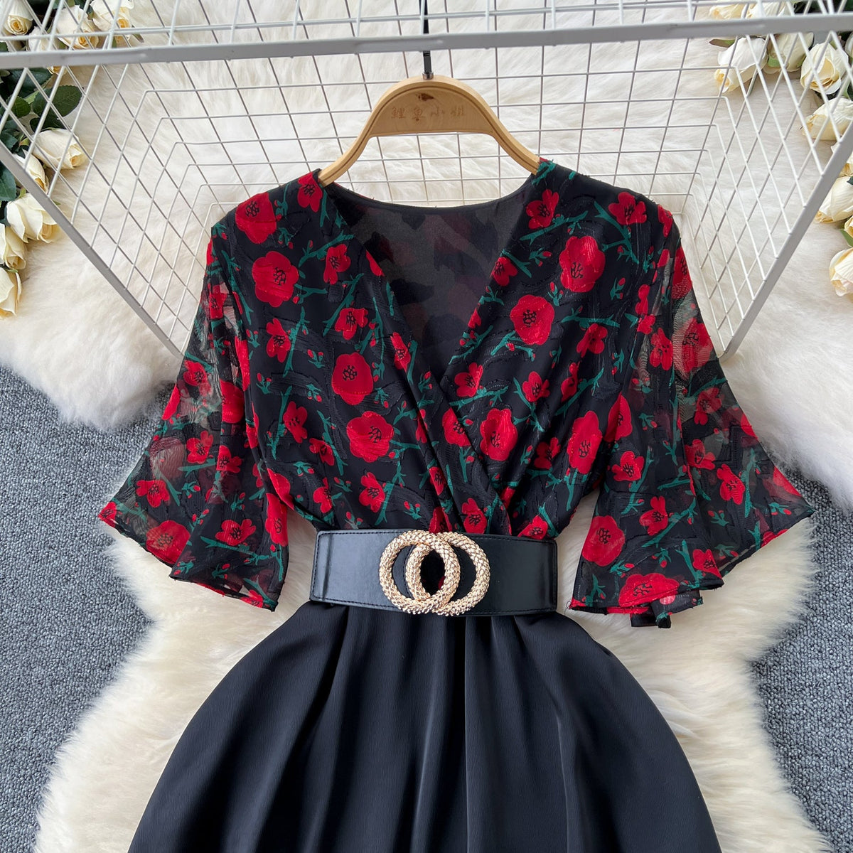 V-neck Floral Patchwork Black Dress
