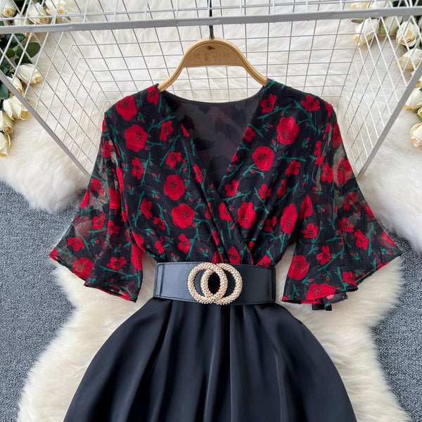 V-neck Floral Patchwork Black Dress