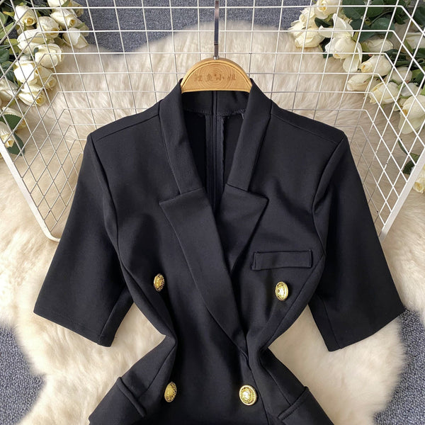 Suit Collar Double-breasted Black Dress
