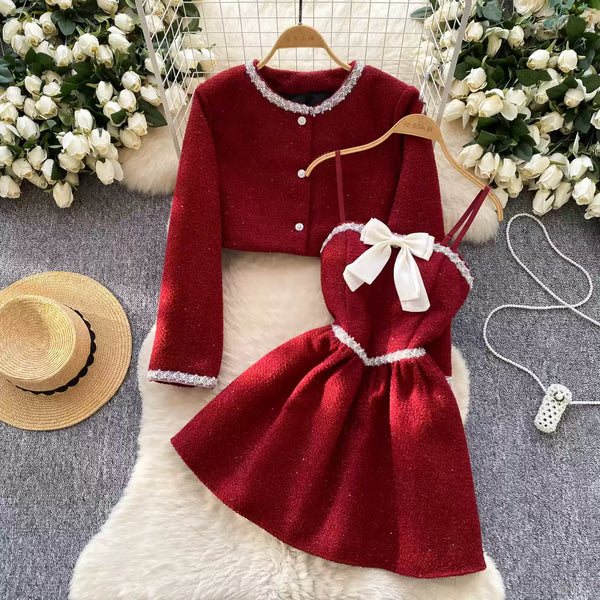 Bow Corduroy Slip Dress & Cardigan 2Pcs