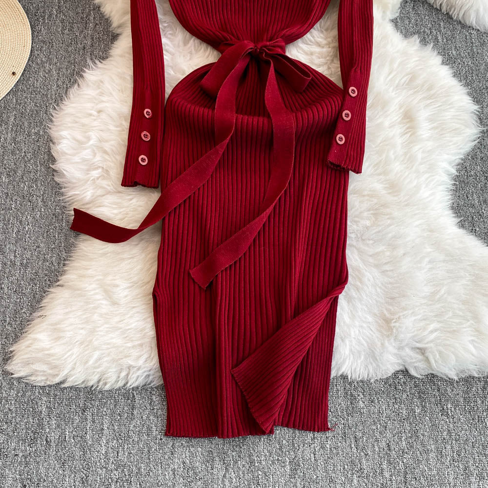 V-neck Bodycon Split Knitted Dress