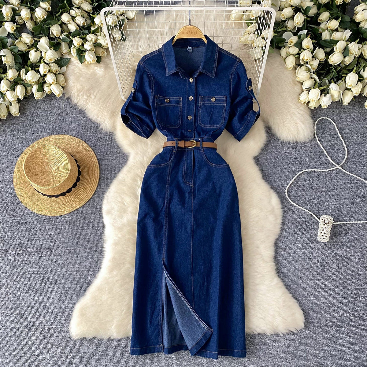 Polo Collar Denim Shirt Dress