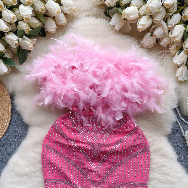 Niche Furry Waistline Sequined Dress