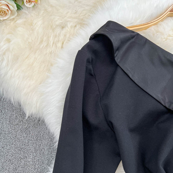 Slant Neckline Asymmetric Black Dress