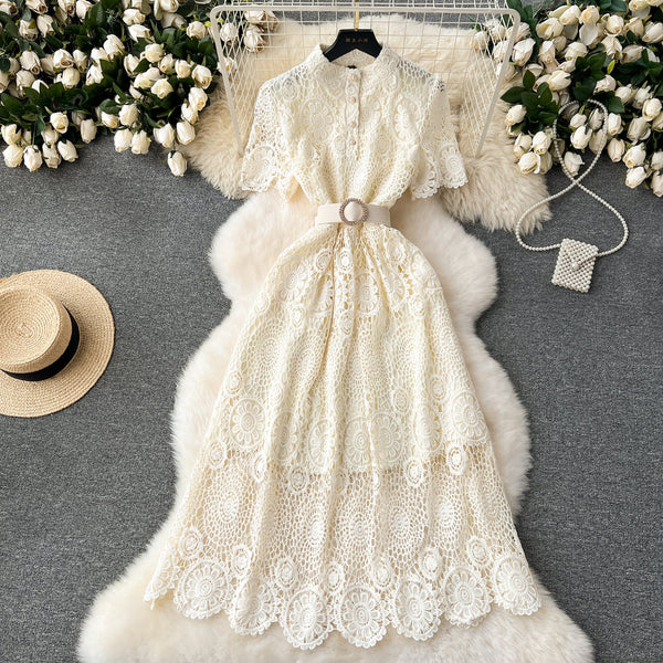 Courtly Stand Collar Hollowed Lace Dress