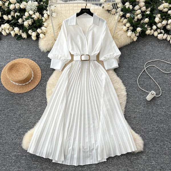 Lapeled Pleat Shirt Dress with Belt