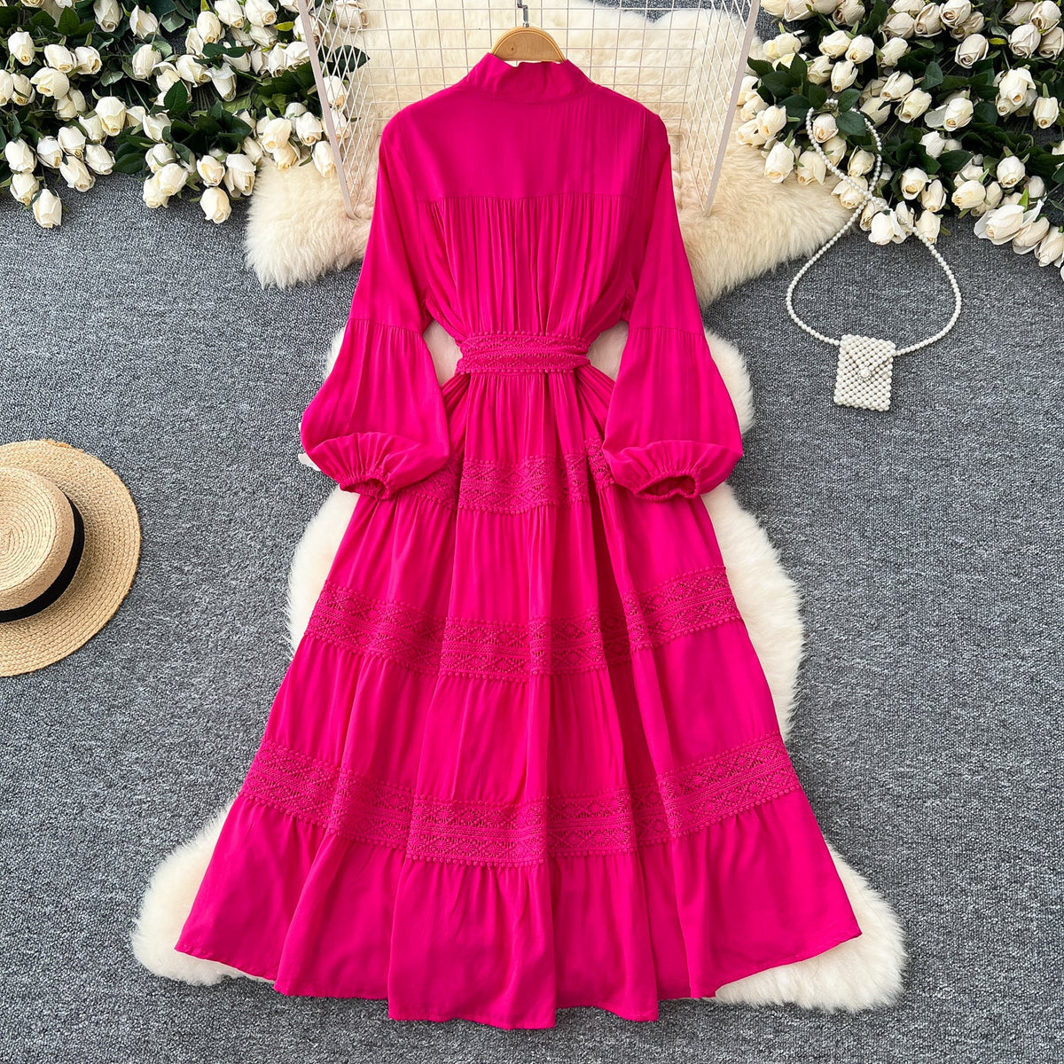 Courtly Lace-up Patchwork Shirt Dress