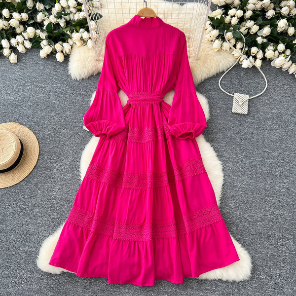 Courtly Lace-up Patchwork Shirt Dress