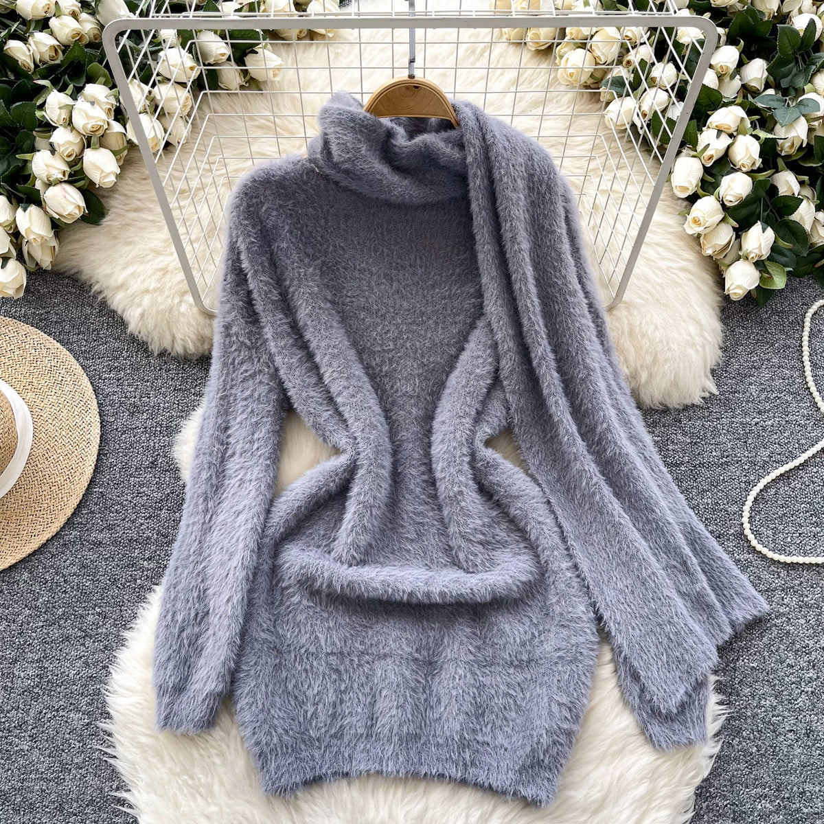 Furry Knitted Dress with Scarf