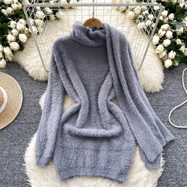 Furry Knitted Dress with Scarf