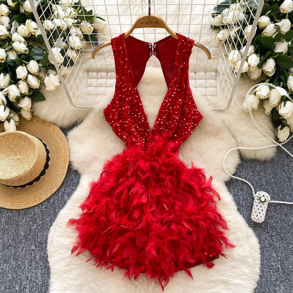 Hollowed Deep V-neck Sequined Dress