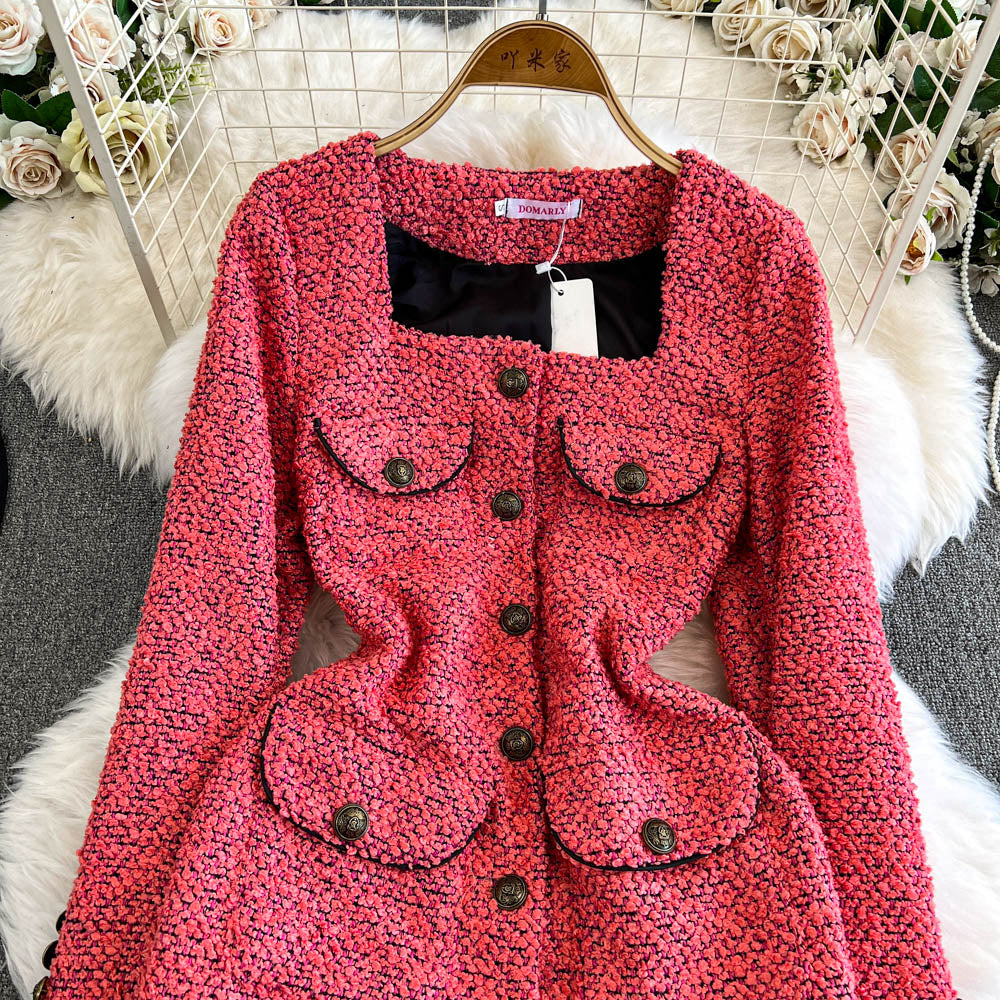 Kare Yaka Pembe Tweed Örme Elbise