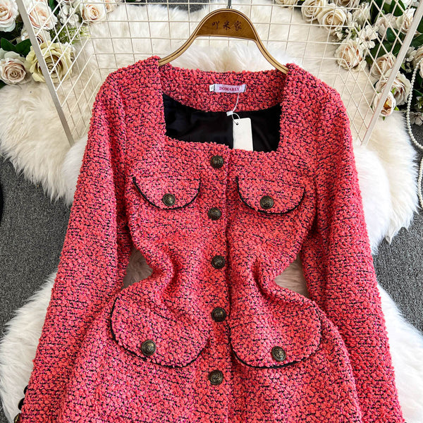 Kare Yaka Pembe Tweed Örme Elbise