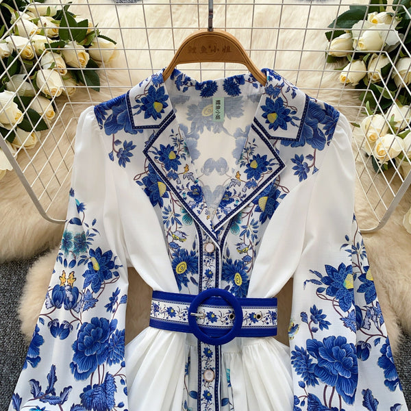 Suit Collar Printed V-neck Shirt Dress