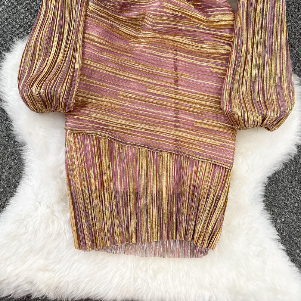 V-neck Glossy Stripe Hip-wrapping Dress