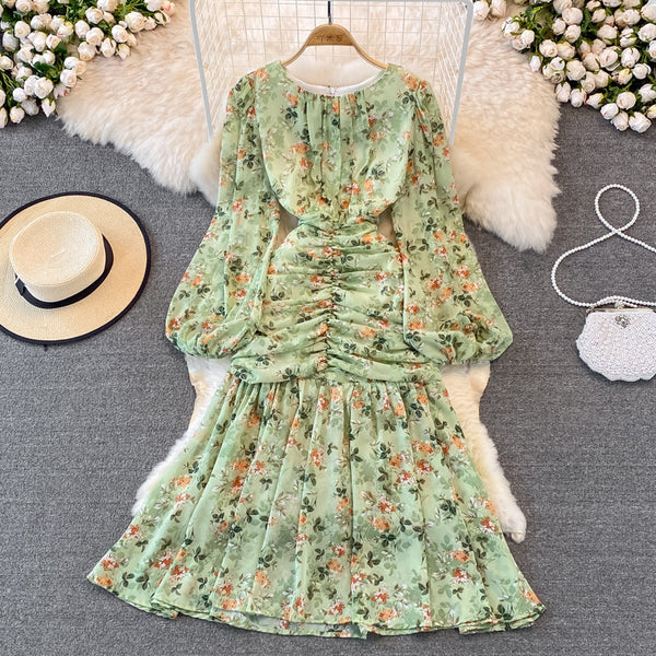 Elegant Round Collar Floral Chiffon Dress