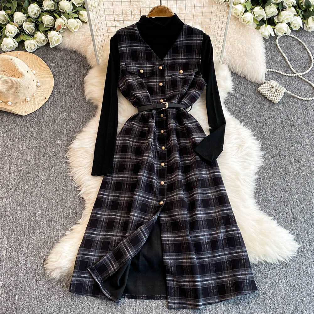 Turtleneck Sweater&Plaid Dress 2Pcs