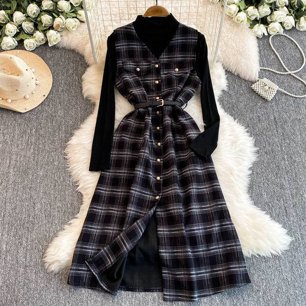 Turtleneck Sweater&Plaid Dress 2Pcs