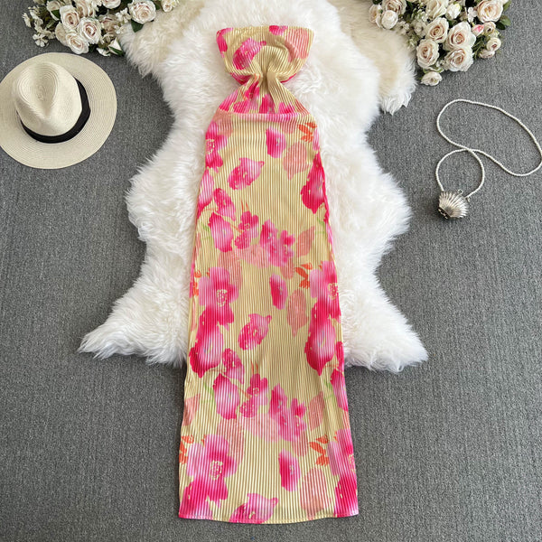 Off-shoulder Floral Print Pleated Dress