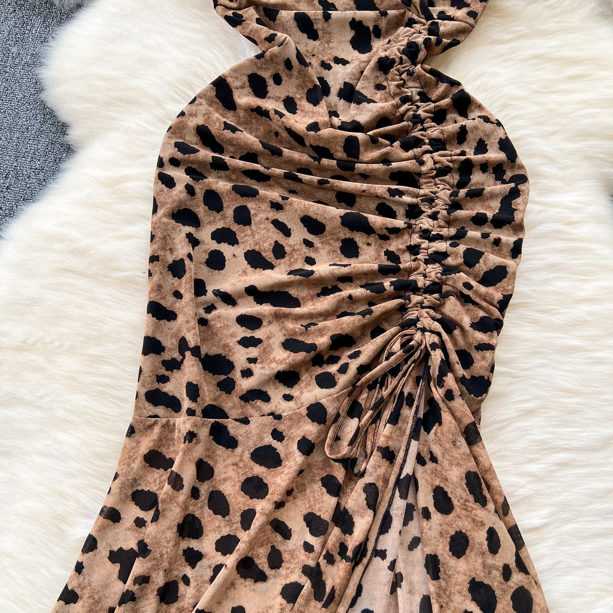 Elegant Printed Drawstring Fishtail Dress