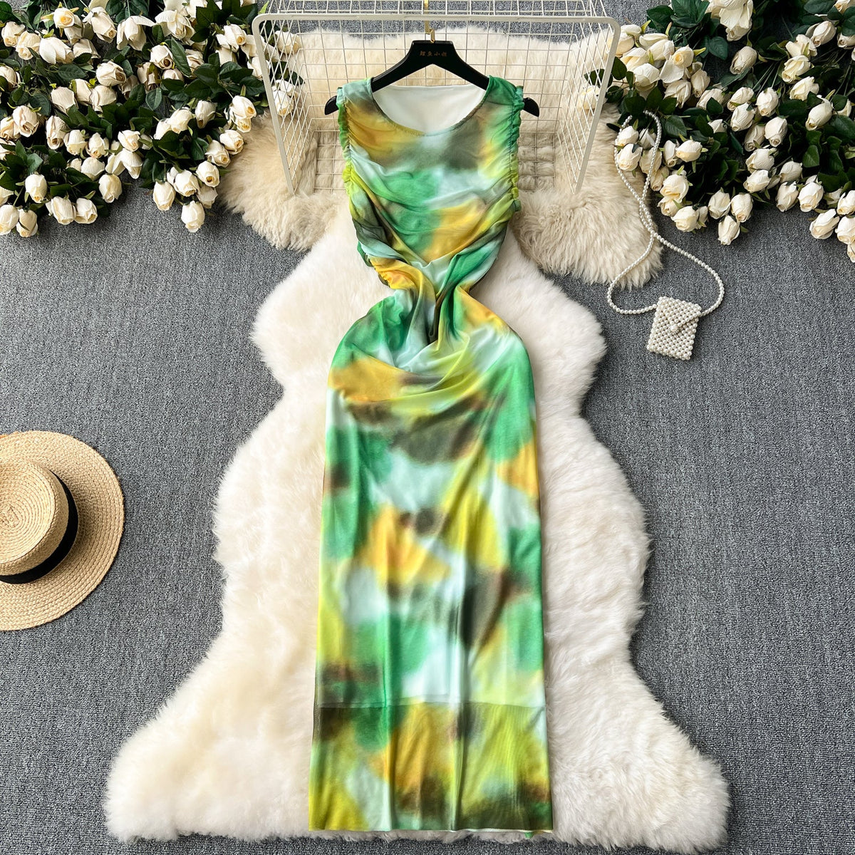 Elegant Tie-dye Pleated Vest Dress