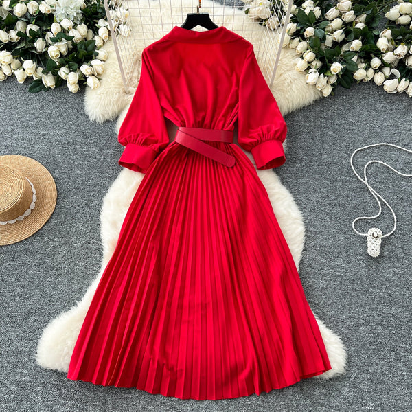 Lapeled Pleat Shirt Dress with Belt