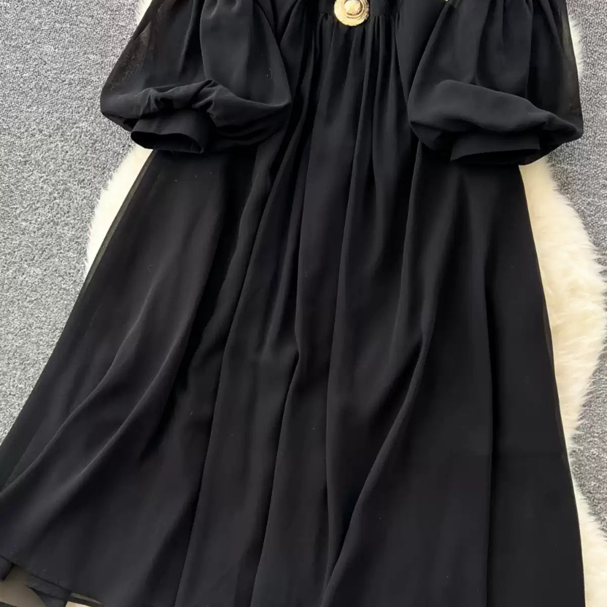 Elegant Metal Button Black Chiffon Dress
