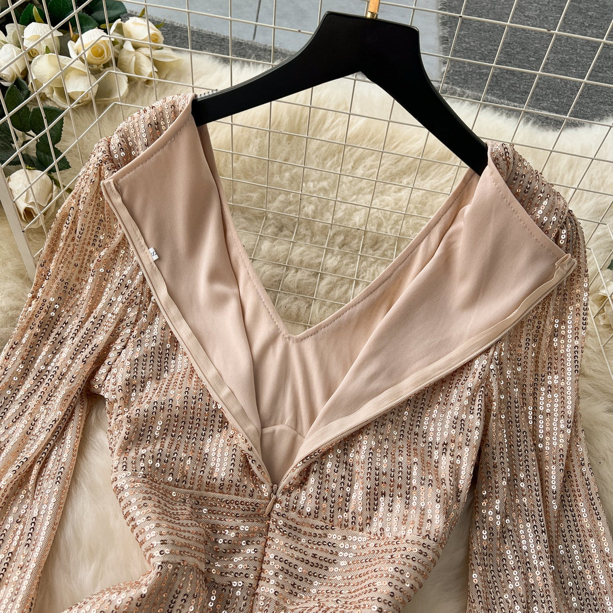 Shiny V-neck Sequined Fishtail Dress