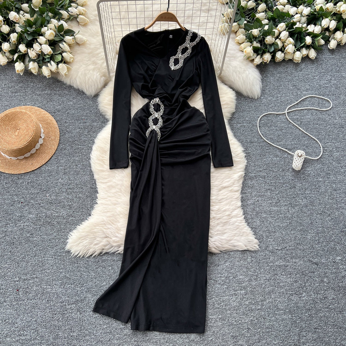 Premium V-yaka Rhinestone Taşlı Elbise