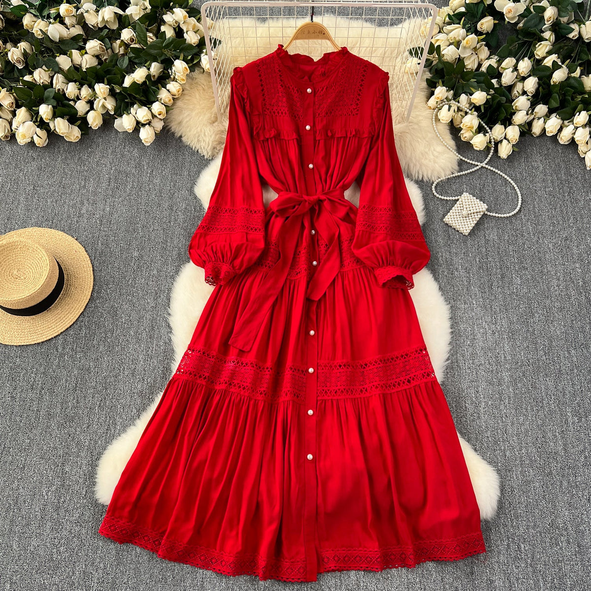 Solid Color Lace Patchwork Dress