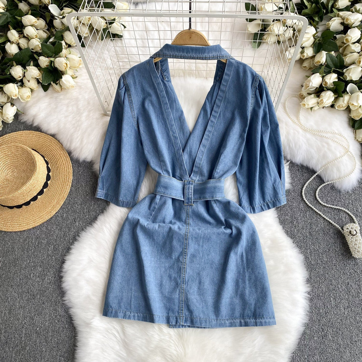 Backless Double-breasted Denim Dress