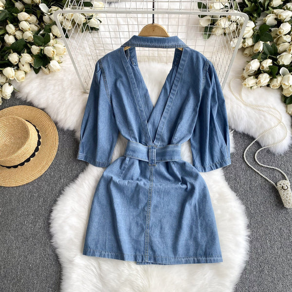 Backless Double-breasted Denim Dress