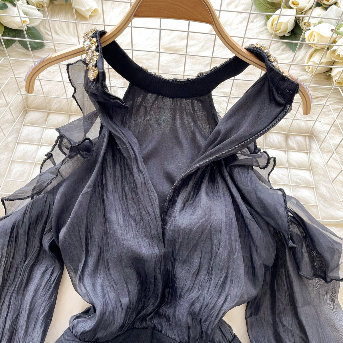 French Style Beaded Neckline Black Dress