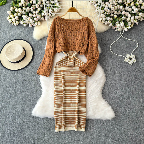 Striped Slip Dress&Hollowed Sweater 2Pcs