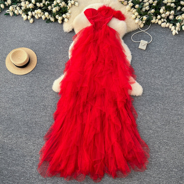 Strapless See-through Mesh Puffy Dress