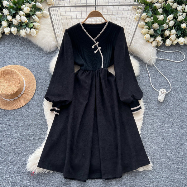 Vintage Knot Button Knit Patchwork Dress