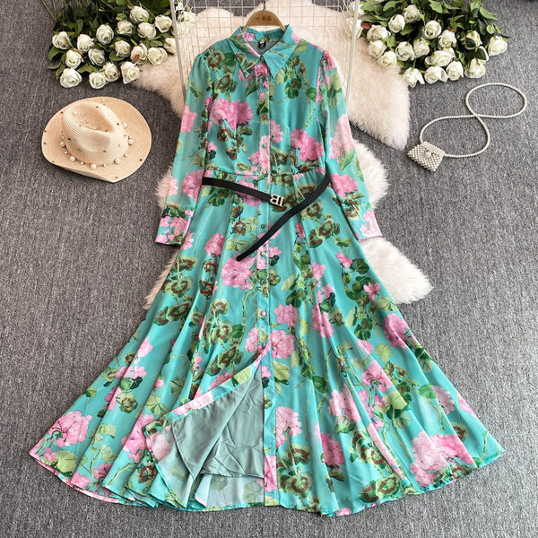 Vintage Floral Printed Shirt Dress