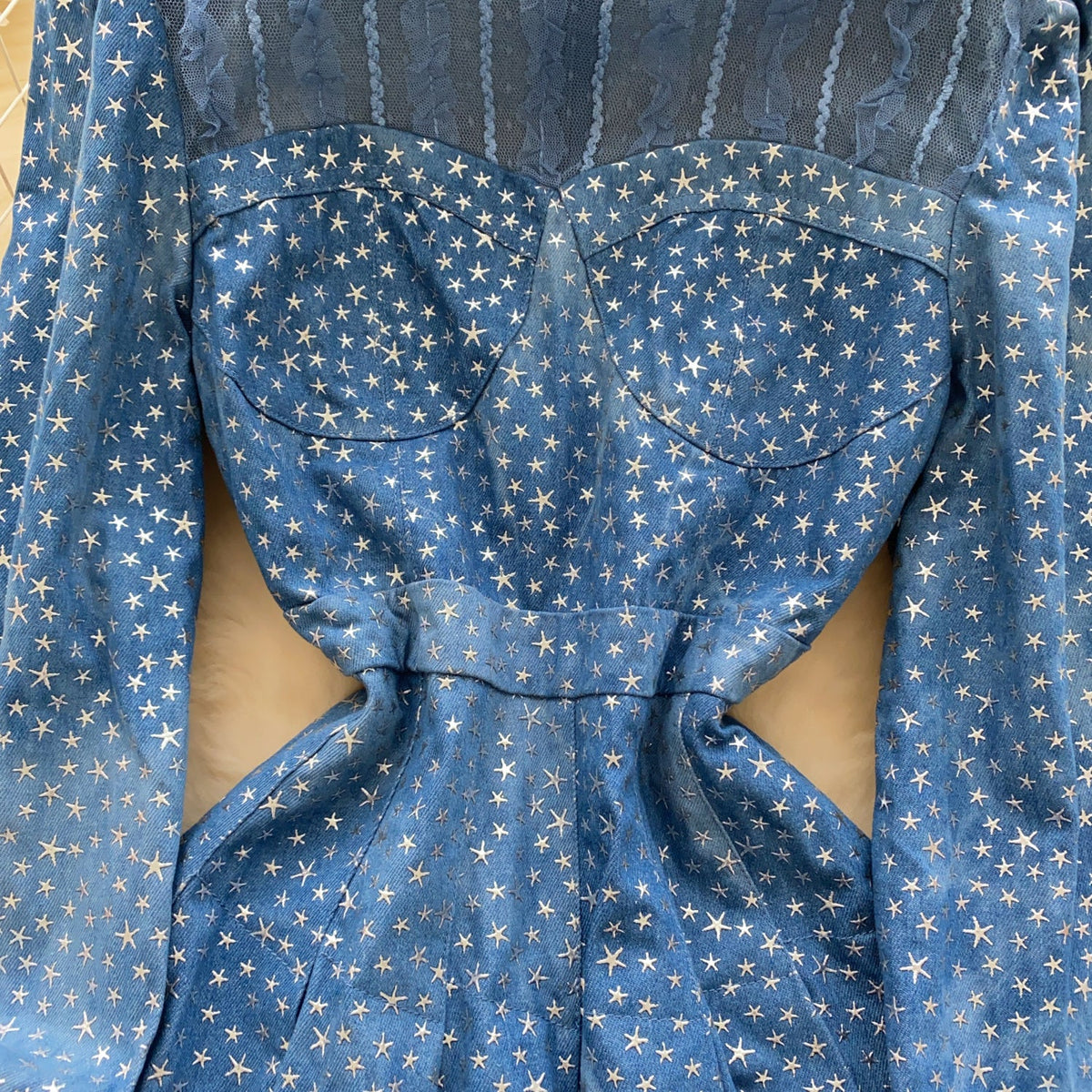 Stand Collar Star Printed Patchwork Dress