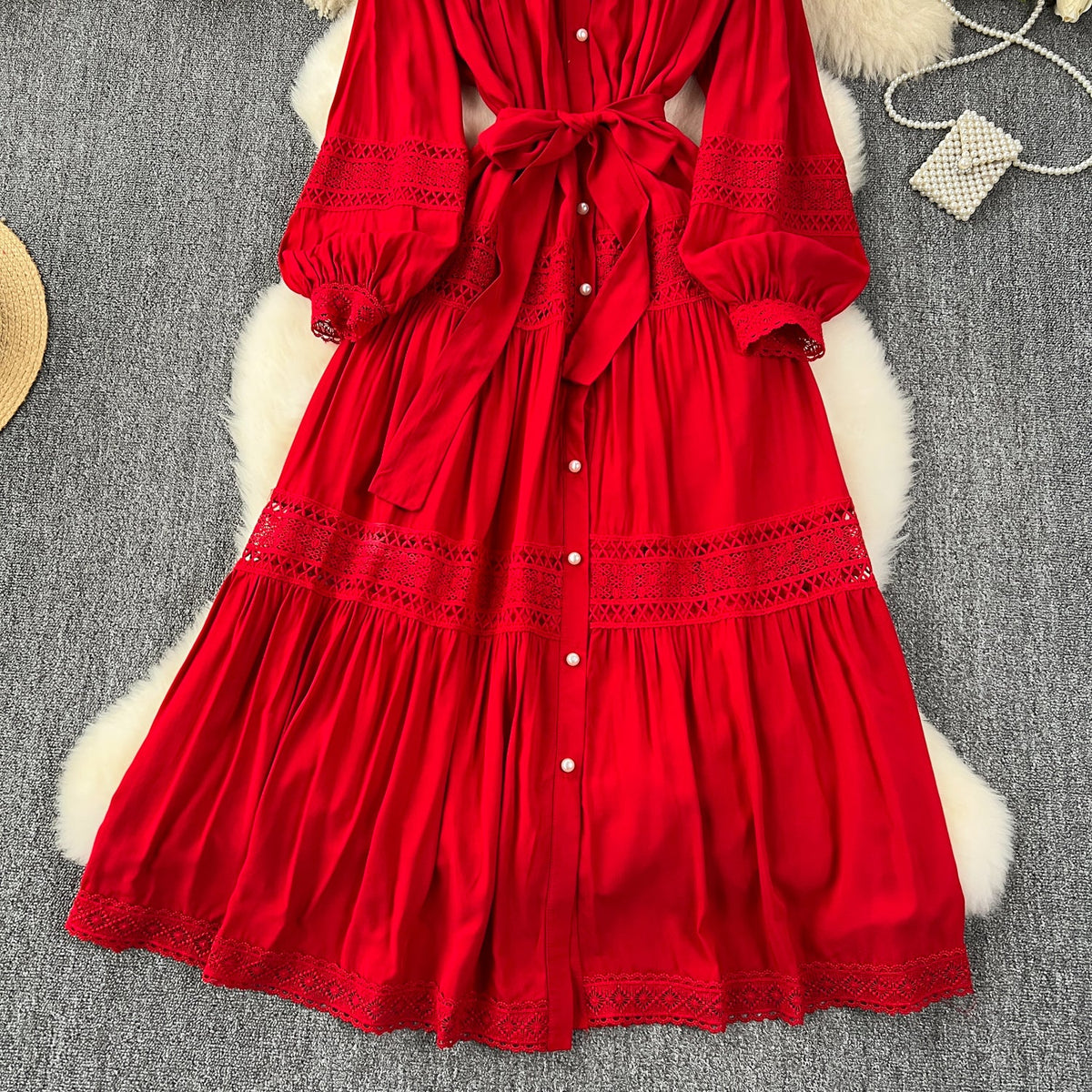 Solid Color Lace Patchwork Dress