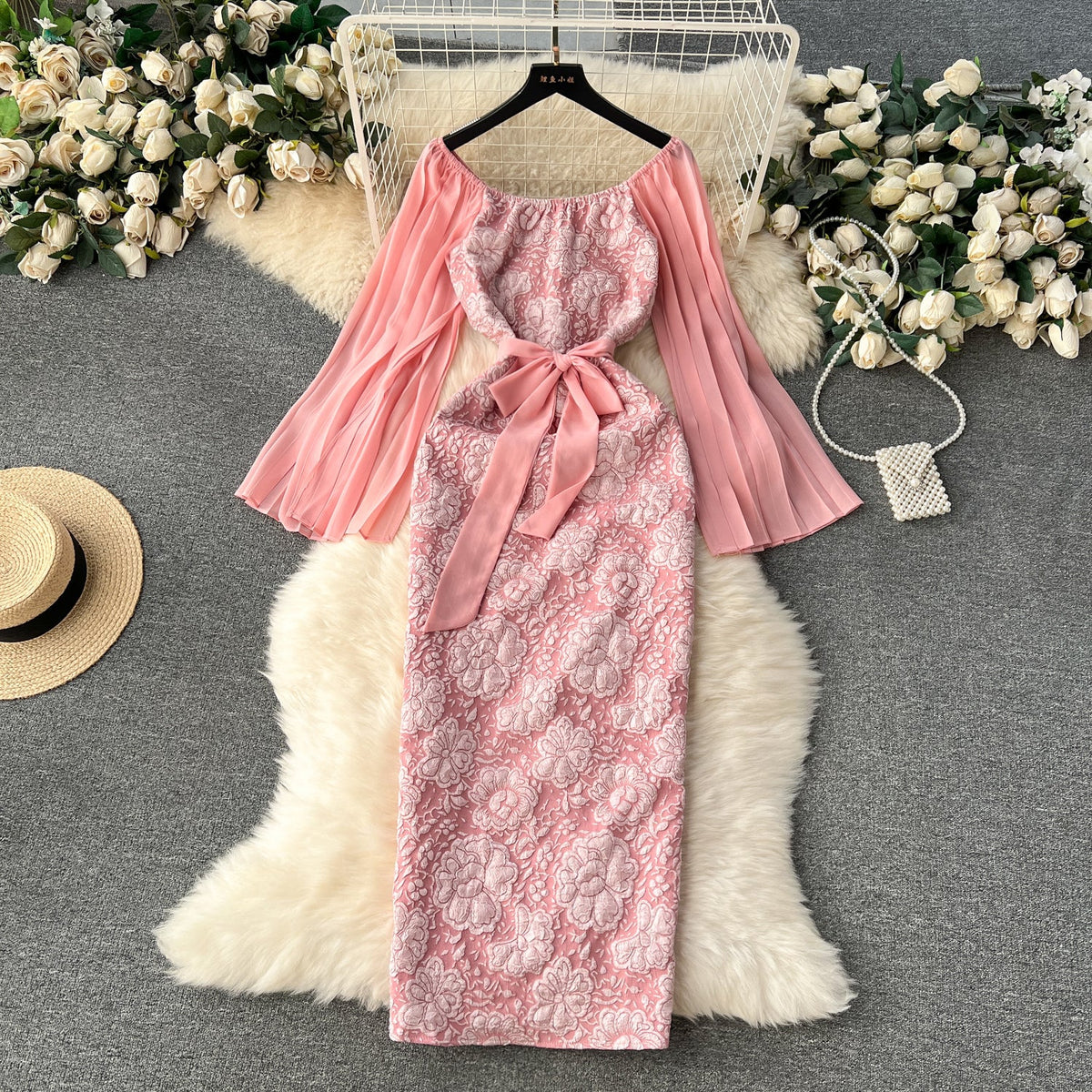Courtly Jacquard Floral Lace-up Dress