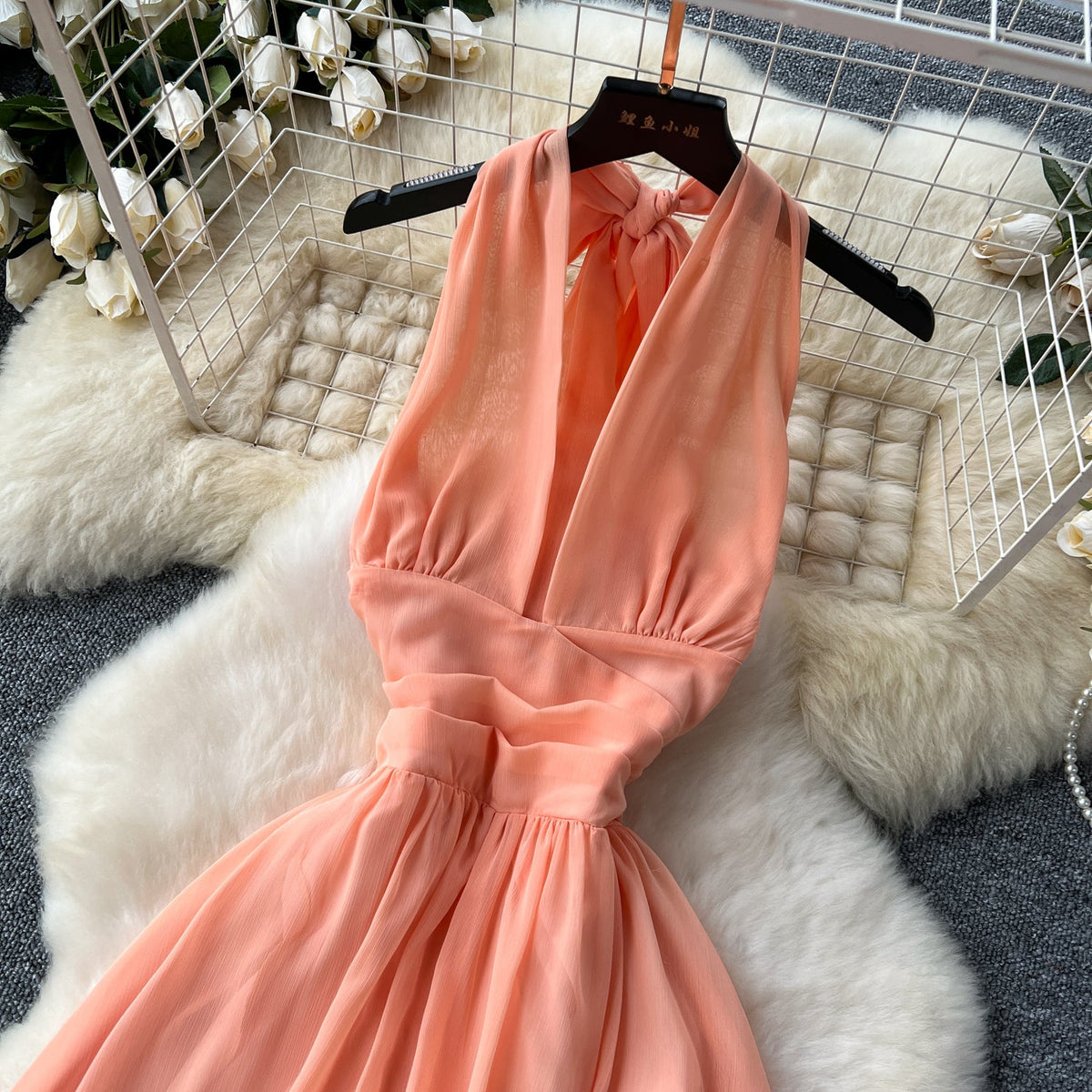 Orange Sleeveless Halter Chiffon Dress