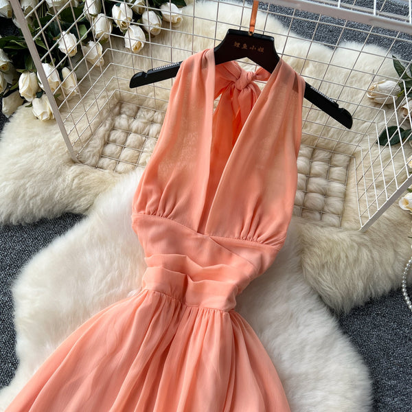 Orange Sleeveless Halter Chiffon Dress