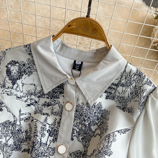 Elegant Ink Painting Printed Shirt Dress