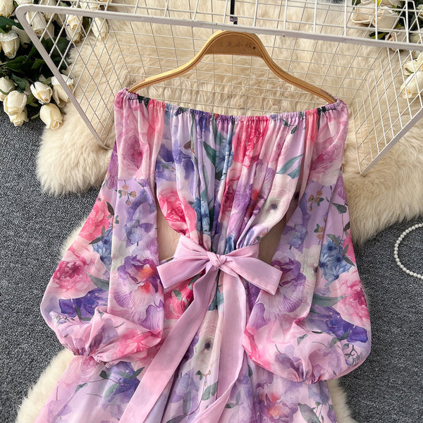 Off-shoulder Lace-up Floral Chiffon Dress