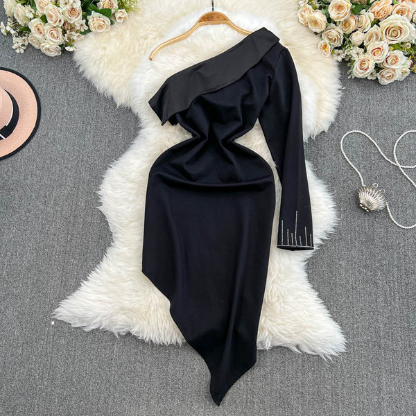 Slant Neckline Asymmetric Black Dress