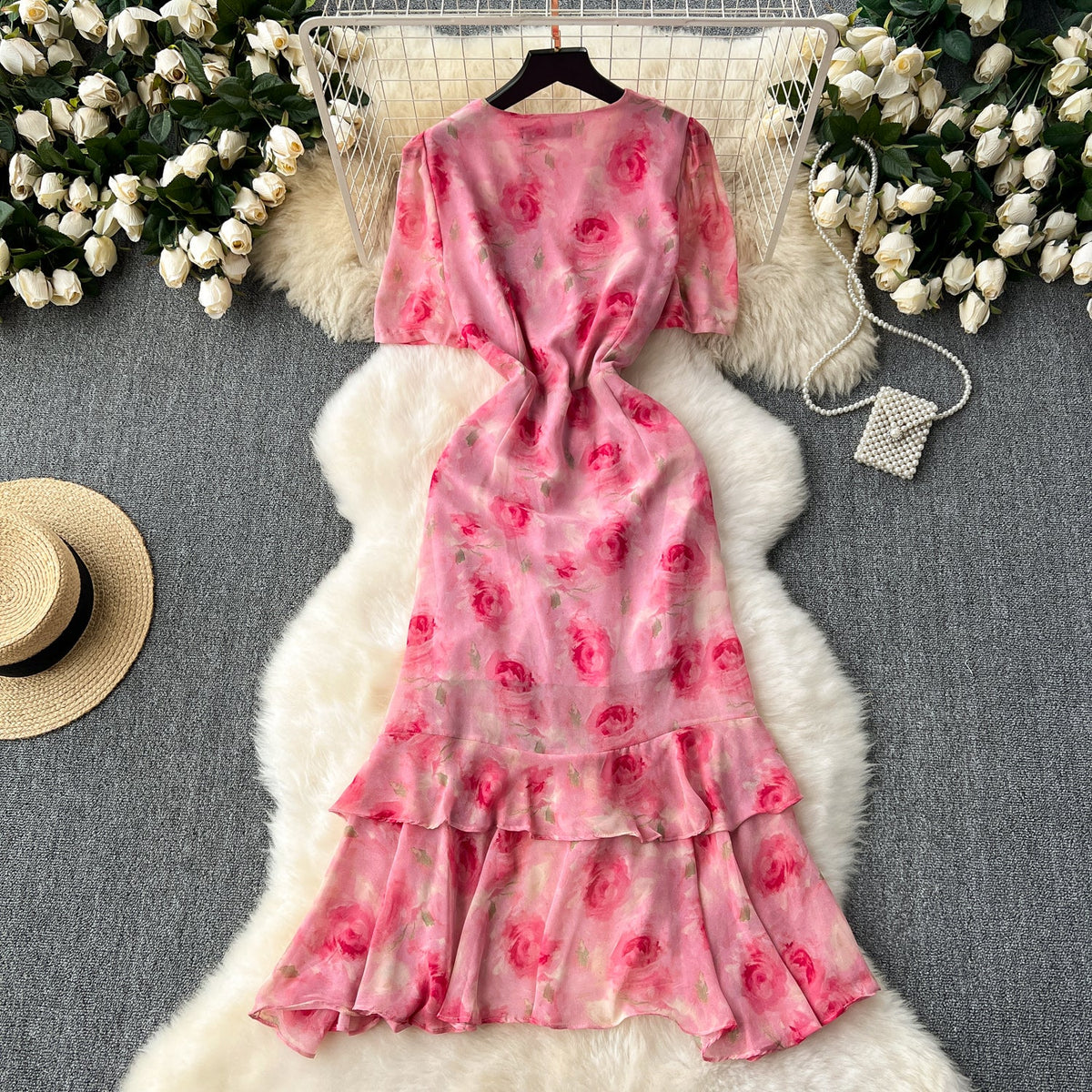 French Style V-neck Floral Fishtail Dress